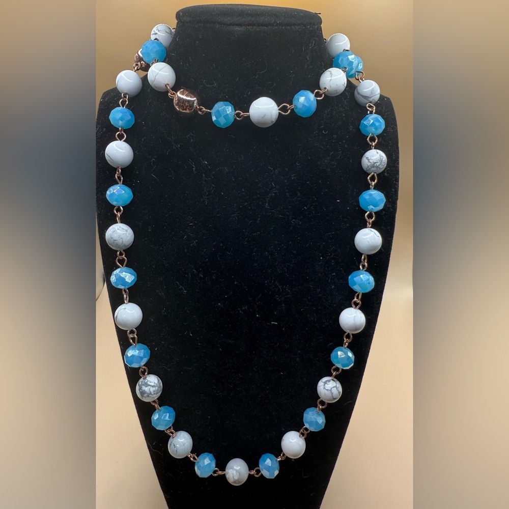 Maria Nicola Howlite & Turquoise Crystal Link Necklace Bracelet Rose Gold Set - Picture 1 of 3